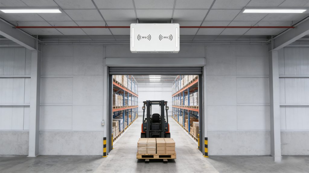 Ceiling-mounted RFID tunnel reader for high-traffic warehouse entrances