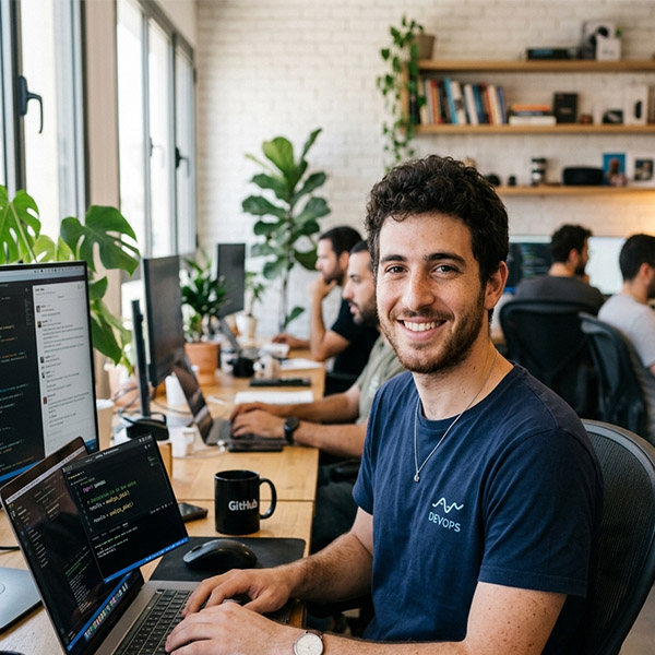 Israeli software engineer portrait in modern tech office