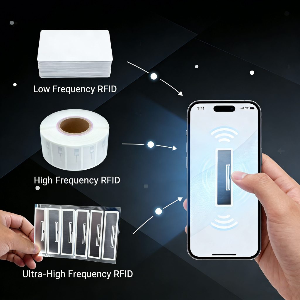 comparison of various RFID tags (low-frequency, high-frequency, ultra-high-frequency) with NFC phone scanning a tag for data exchange