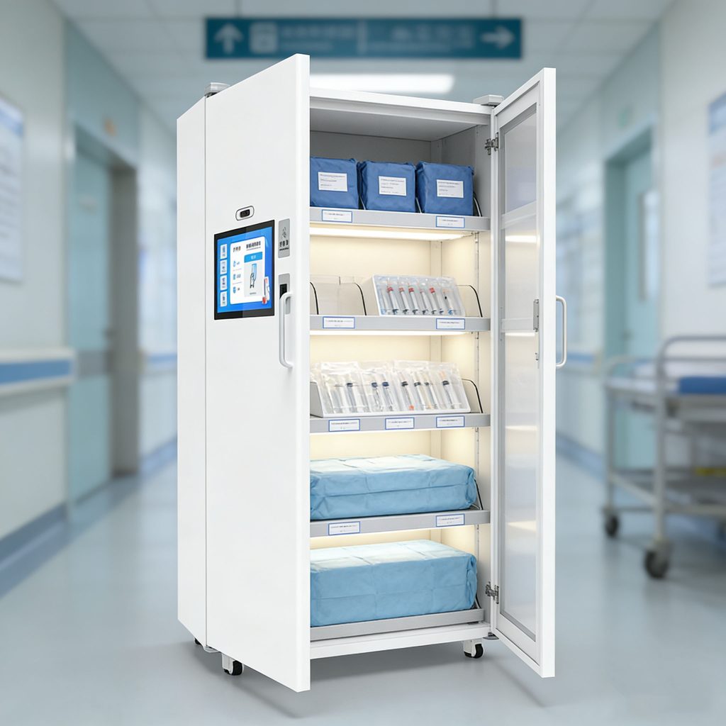 Dual-door design of CK-GY1B Medical RFID Cabinet with sterile supplies inside, demonstrating convenient access for hospital staff