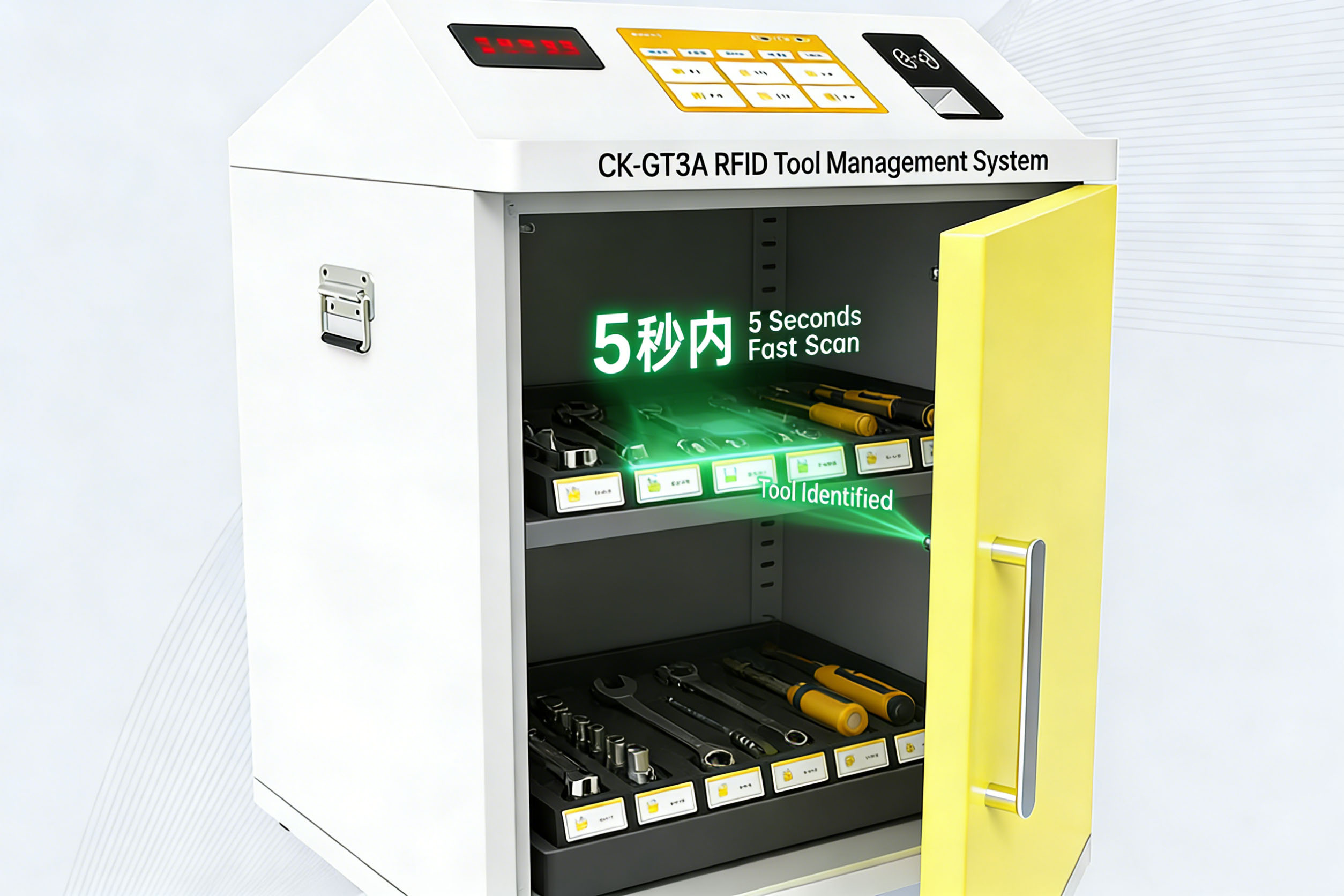 Close-up view of the CK-GT3A RFID tool management system scanning tools in just 5 seconds. Green scanning light and digital display showing the speed of tool identification, emphasizing efficiency.