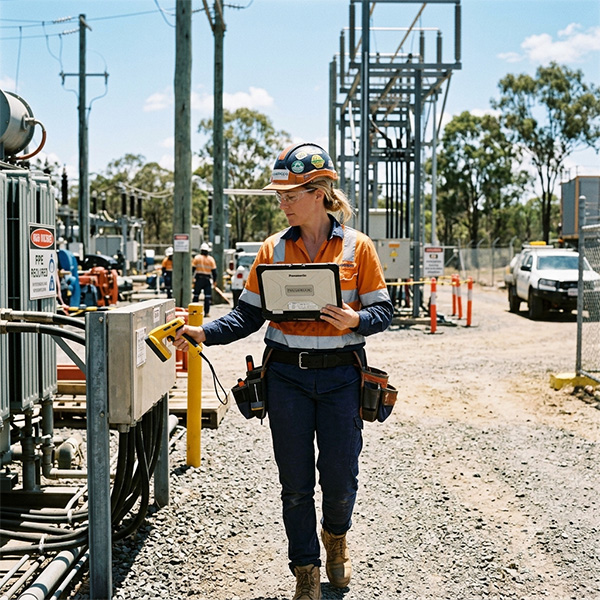 Field technician using portable RFID reader outdoors
