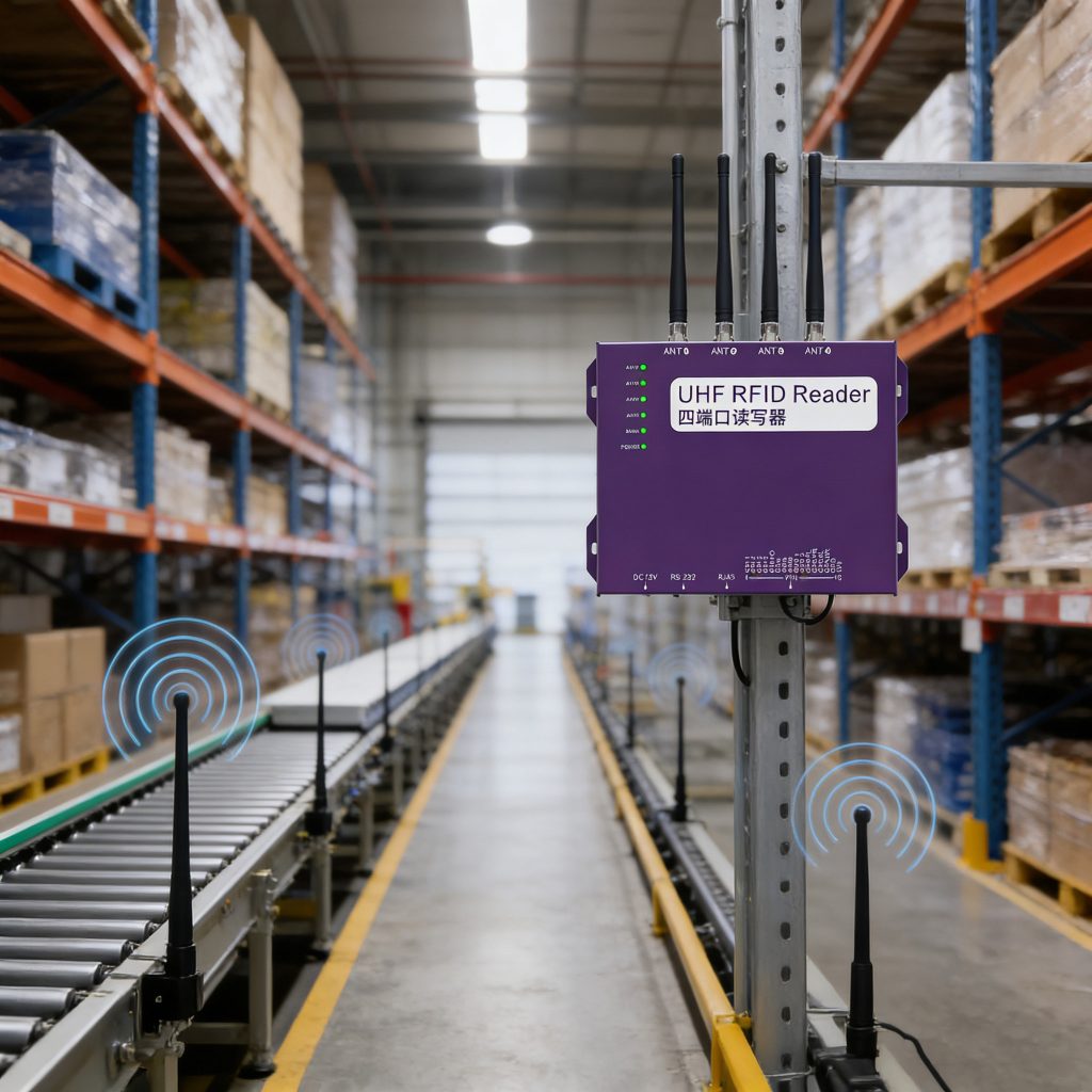 Fixed RFID reader deployed with antennas in a warehouse or production line