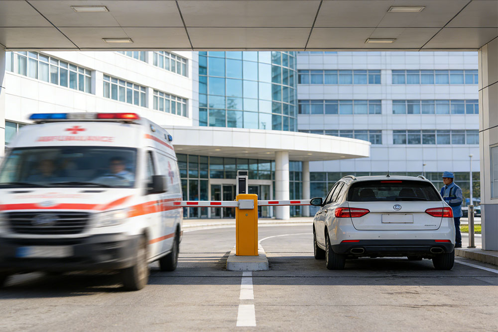 Fixed RFID reader installed at a hospital parking entrance for vehicle access control