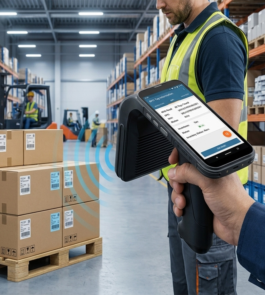 Industrial handheld RFID reader scanning RFID tags in a modern warehouse for fast inventory management