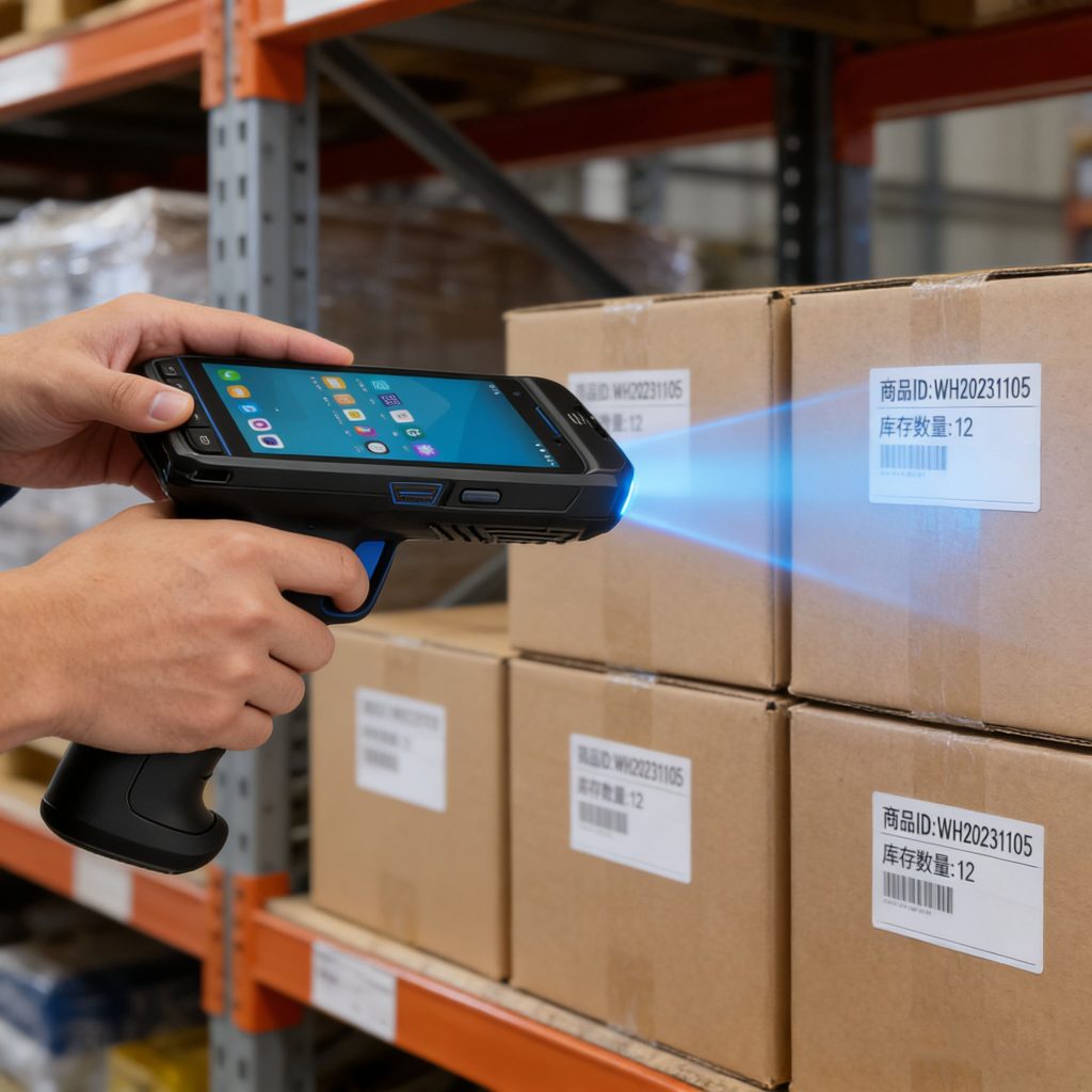 handheld UHF RFID reader being used to scan items in a warehouse