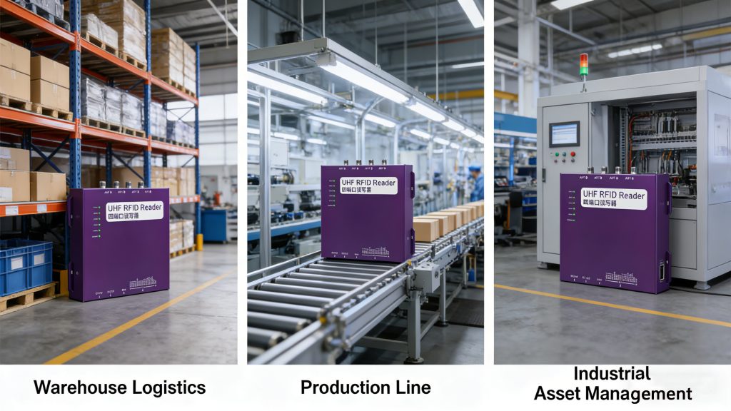 CYKEO UHF RFID Fixed Reader in warehouse logistics, industrial manufacturing, and asset tracking scenarios.