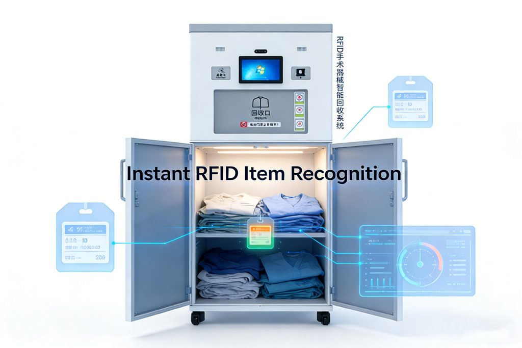 Items dropped in are automatically scanned, logged, and tracked in real time via UHF RFID technology. Accurate, fast, and developer-friendly.