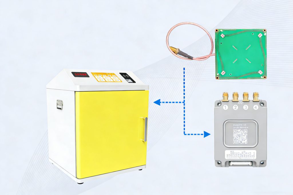 RFID antennas and readers integrated into the CK-GT3A tool management cabinet. Arrows pointing to the internal components of the cabinet, showcasing the RFID technology integration.