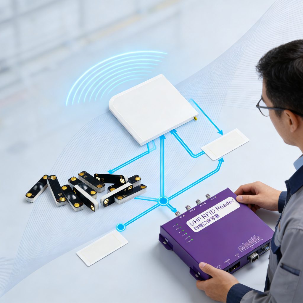 HF RFID antennas connected to readers, tags, and control systems, integration for solution providers.