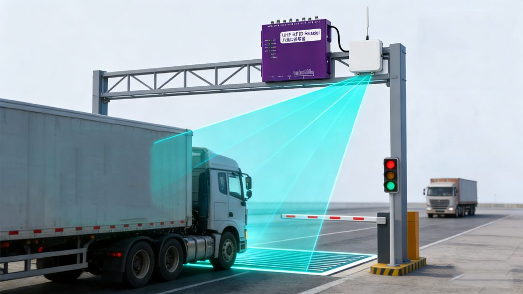 Logistics vehicle passing through RFID read zone RFID readers with rfid antennas