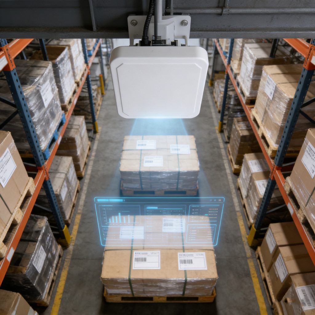 Long range RFID scanner reading multiple RFID tags in a high-density warehouse environment