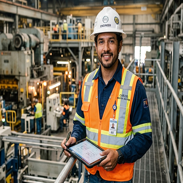 RFID engineer testing CYKEO handheld reader in factory environment