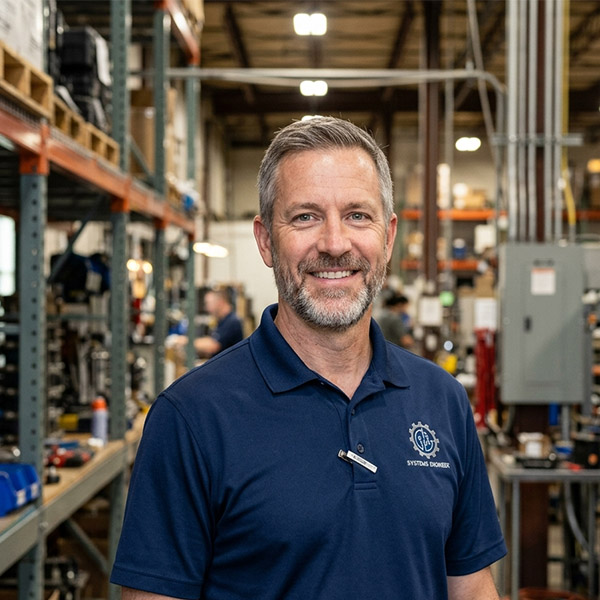 American system integrator engineer portrait in warehouse environment