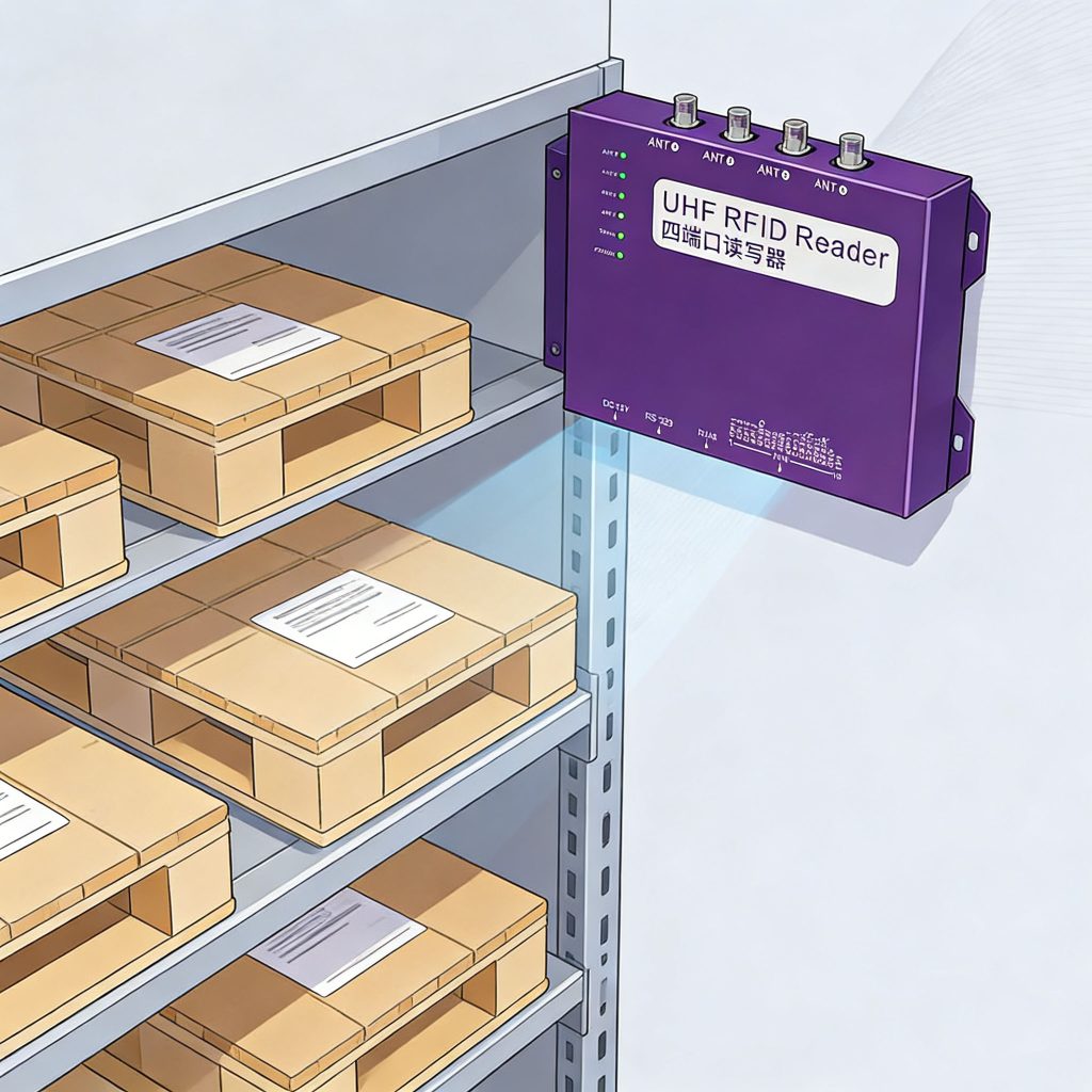 Cykeo CK-R4L fixed UHF RFID reader positioned at the corner of a warehouse shelf