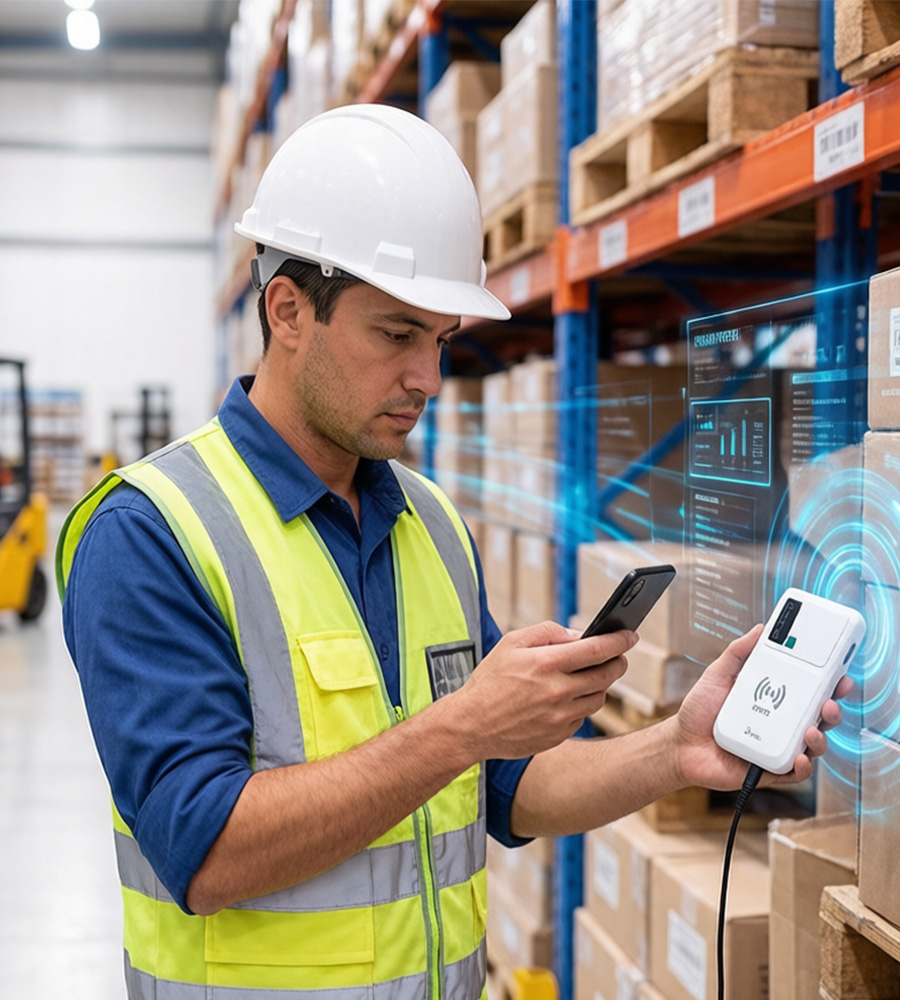 Portable RFID reader connected to smartphone scanning RFID tagged inventory in warehouse