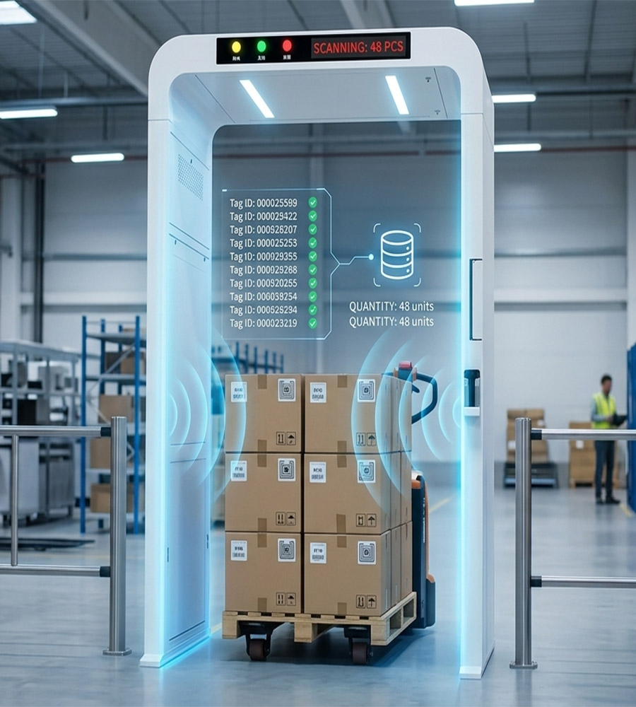 RFID Gate Reader installed at a warehouse entrance automatically scanning cartons on a pallet as they pass through, enabling real-time inventory tracking and logistics automation.