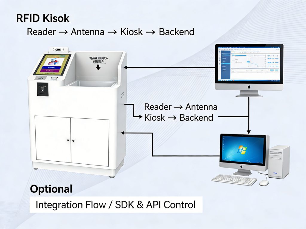 RFID kiosk connected to backend system using SDK and APIs, with Cykeo RFID reader and rfid antenna for modular integration