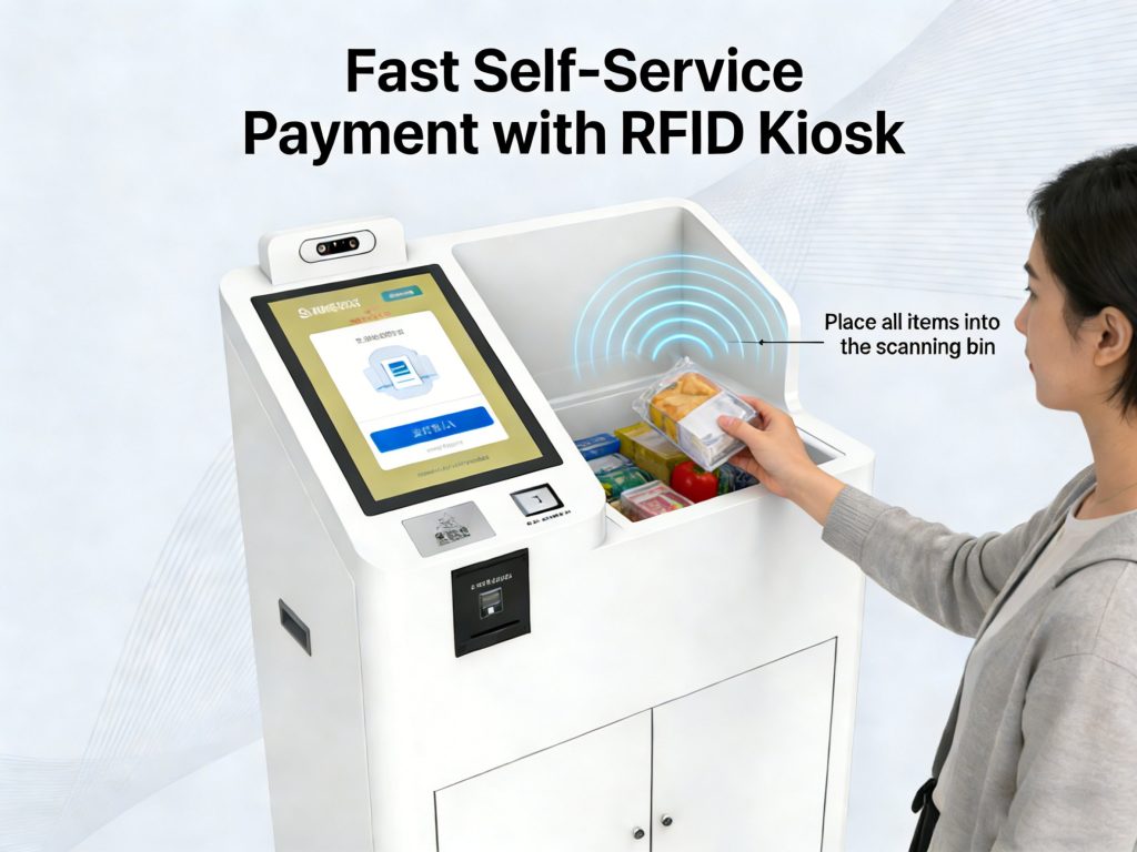 Customer scanning RFID card at kiosk for fast self-service payment