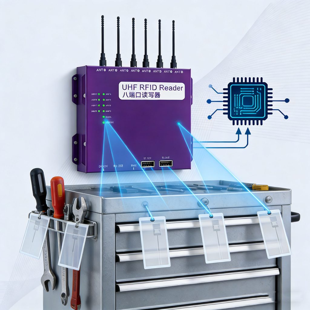 RFID reader scanning tools at workstation