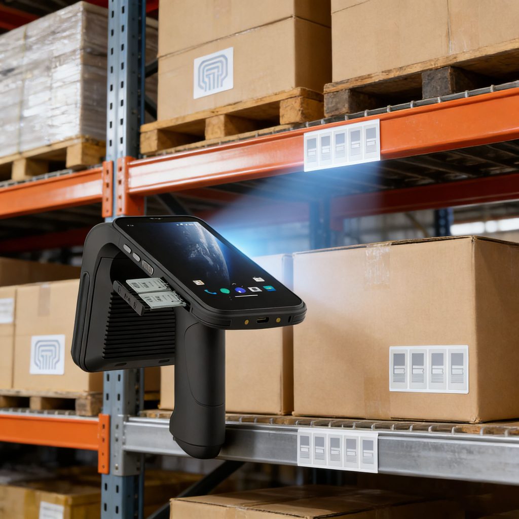 RFID handheld reader being used in a warehouse for inventory scanning