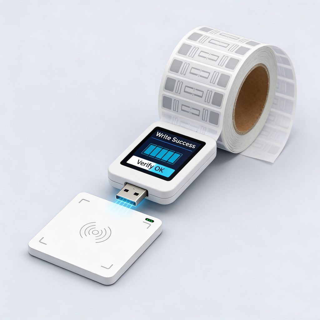 RFID USB reader writing and verifying data on RFID tags for system integration