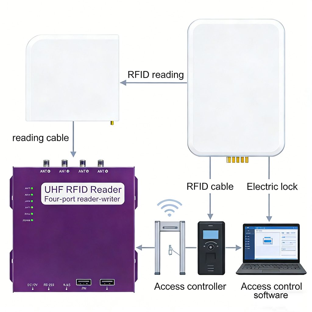 RFID access control system architecture showing reader, antenna, controller, and door lock integration