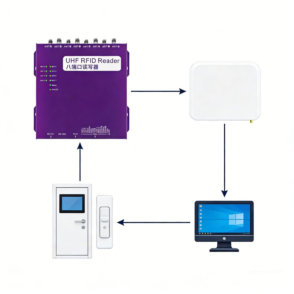 RFID access control architecture showing reader, antenna, controller, and door lock