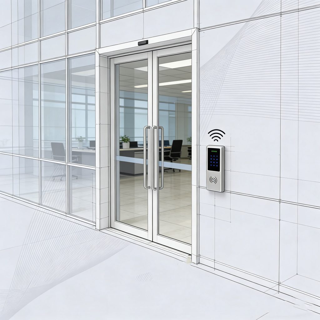 RFID access control solution installed at office building entrance