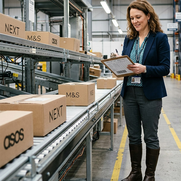 Warehouse manager supervising RFID tunnel scanning system