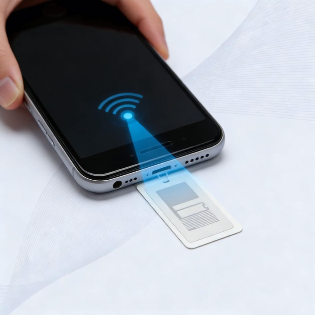 A close-up view of a smartphone scanning an RFID tag