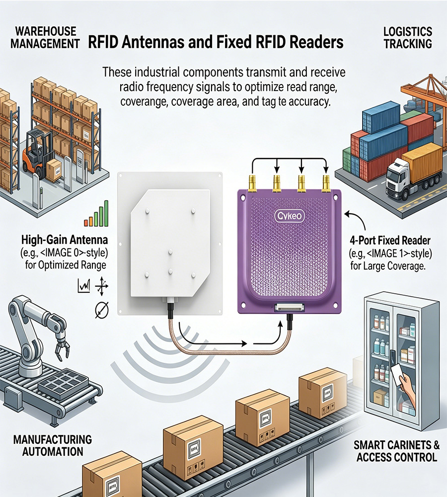 Industrial UHF RFID antennas connected to a fixed RFID reader for warehouse inventory tracking and asset management applications.