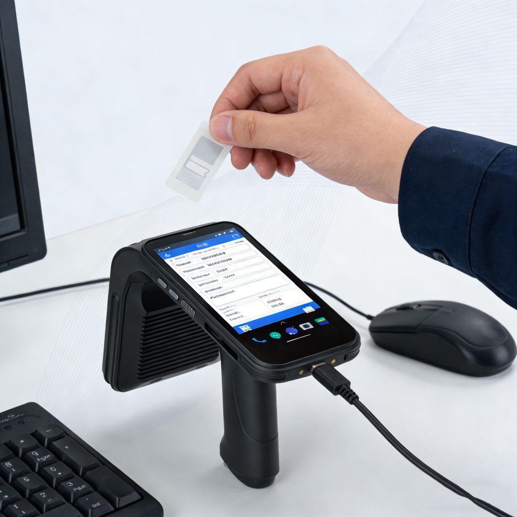 Technician programming UHF RFID tag with a USB RFID programmer connected to a laptop