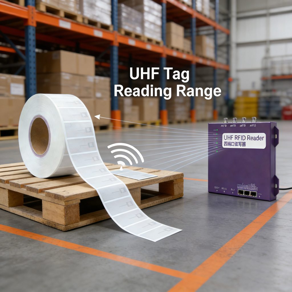 UHF RFID tag on a pallet being scanned by a reader from a distance