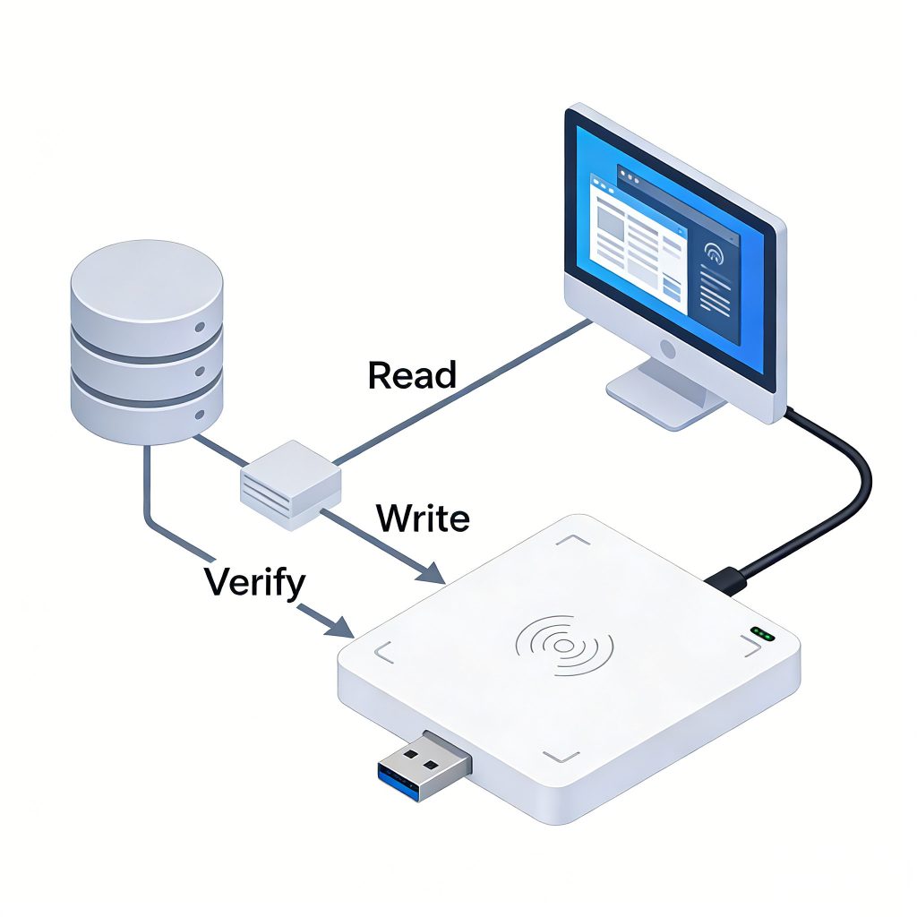 System diagram showing USB RFID reader integrated with software and database