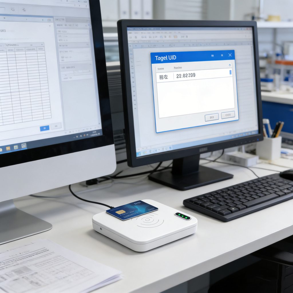 USB RFID reader used at a desktop workstation for RFID card identification