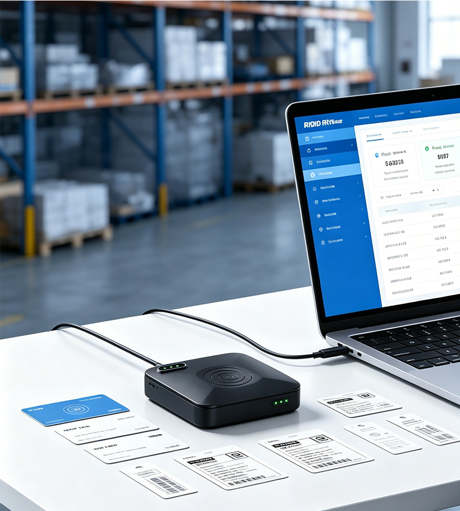 USB RFID reader connected to a computer for RFID tag reading, writing, and desktop asset management