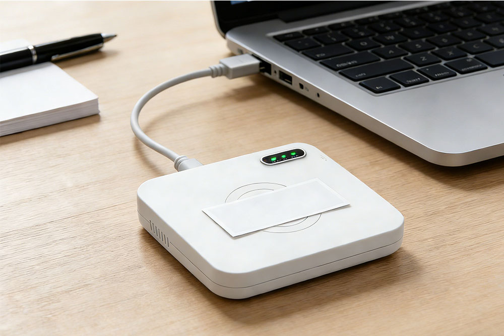 USB RFID scanner used for controlled desktop RFID tag encoding