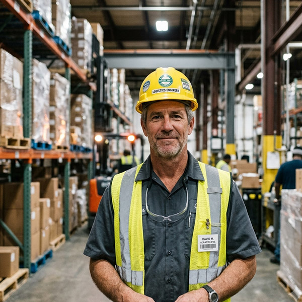 Warehouse automation engineer using RFID gate system in logistics center