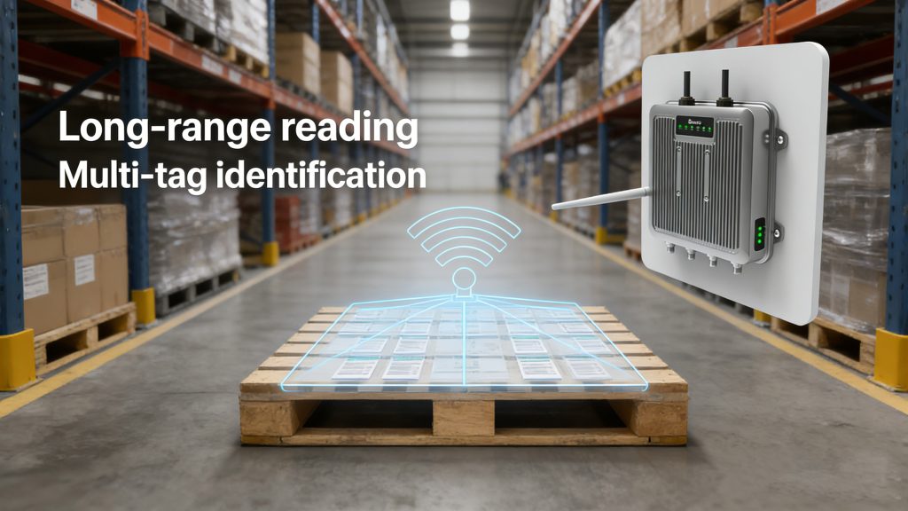 Long range industrial RFID reader used for pallet tracking in warehouse logistics