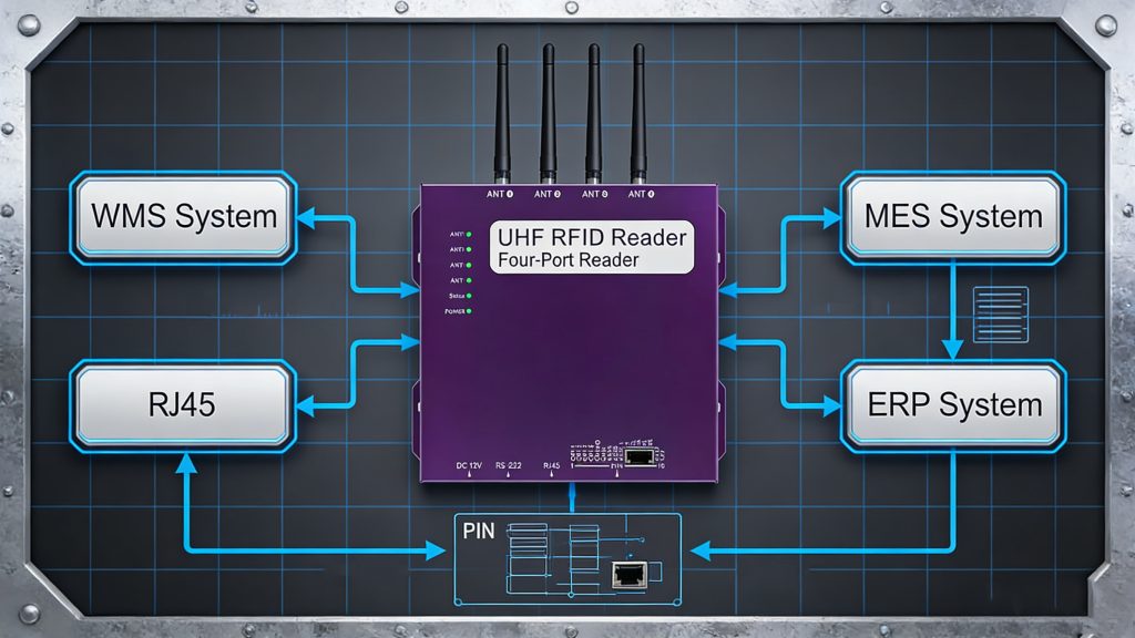 Illustrates how the RFID reader connects to WMS, MES, ERP, and other business systems for real-time data acquisition and processing.