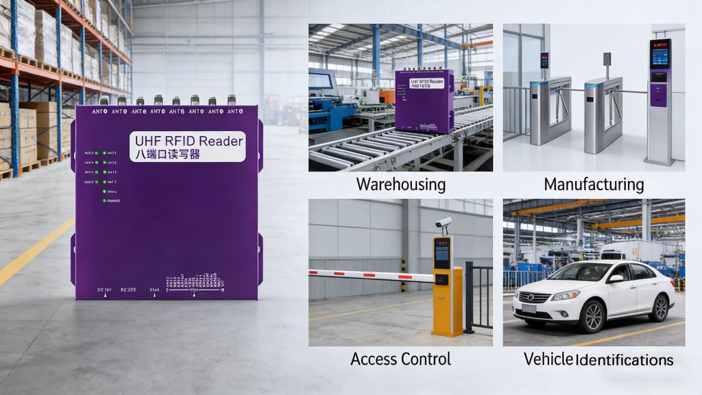 Real-world usage scenarios of CYKEO UHF RFID Fixed Reader for logistics gates, production lines, and asset tracking.