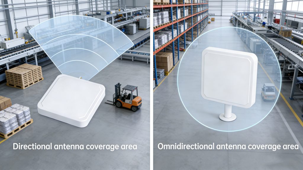 Technical diagram showing antenna types and coverage zones