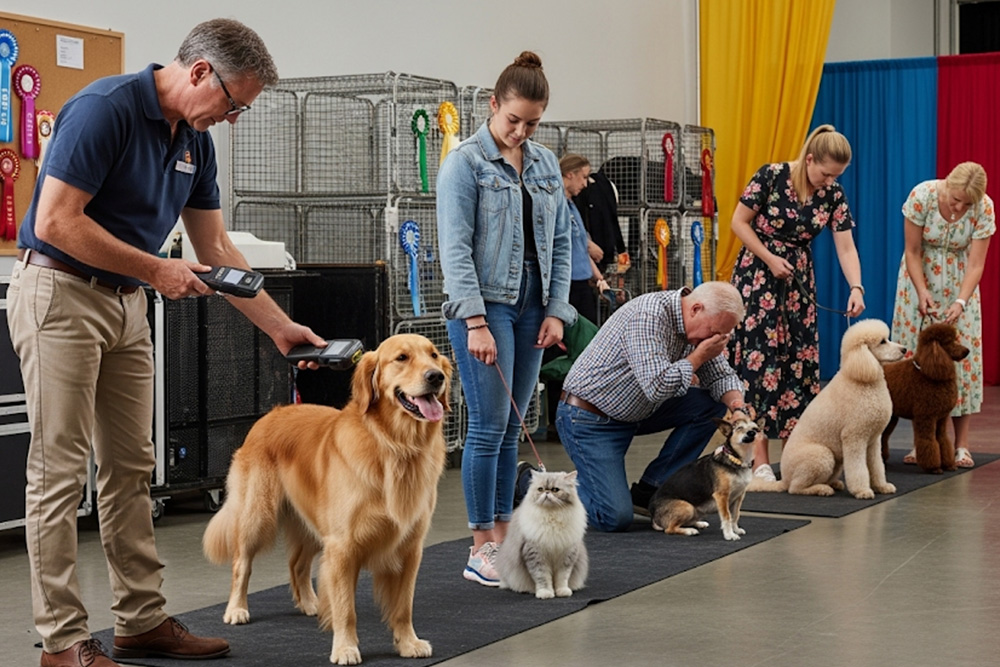 Pet owner walking a dog with RFID pet identification concept
