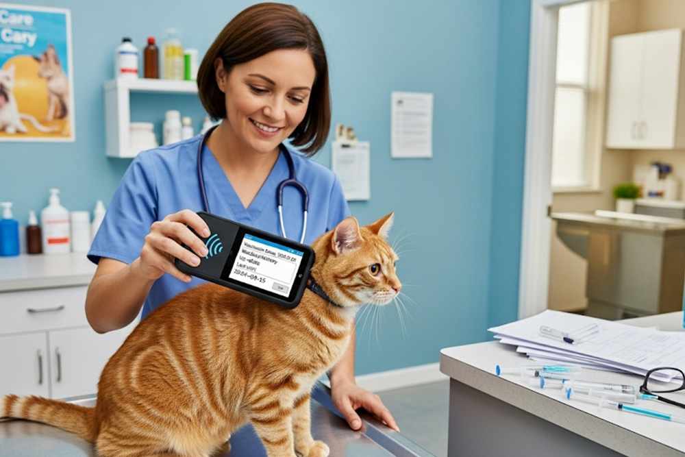 Staff scanning RFID chip on pet using handheld reader