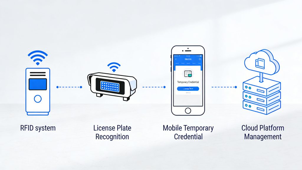 Diagram showing integrated RFID gate access system with license plate recognition, mobile credentials, and cloud-based management.