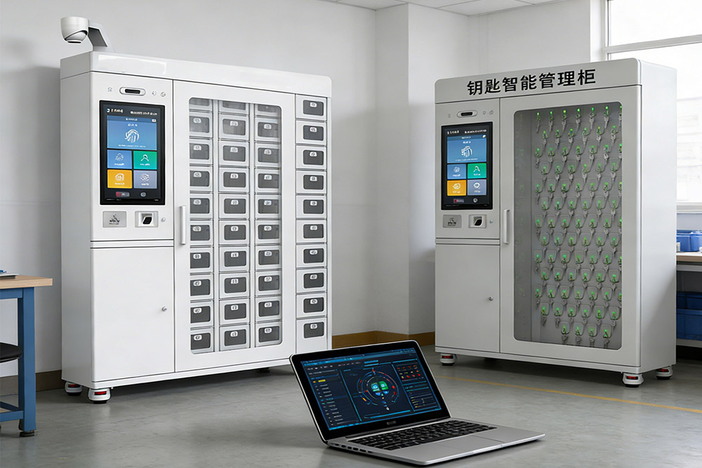Multiple networked RFID key cabinets in different rooms connected to central software for real-time monitoring