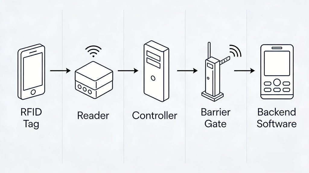 Why Your RFID Gate Access Control System Is Slowing Down Traffic (And How to Fix It) 1 Diagram showing RFID tags, reader, controller, barrier gate, and backend management system.
