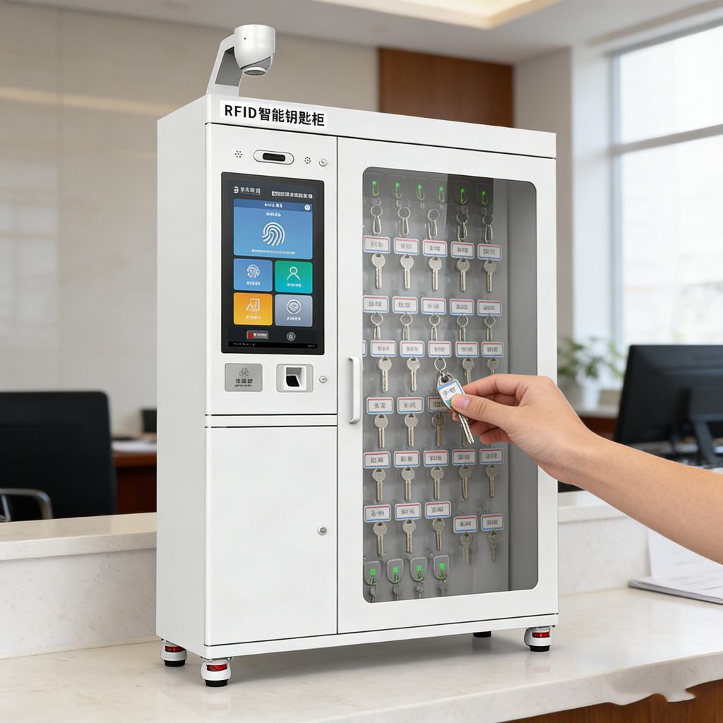 Keys for multiple apartments organized in an RFID key cabinet, showing clear labeling and traceable access