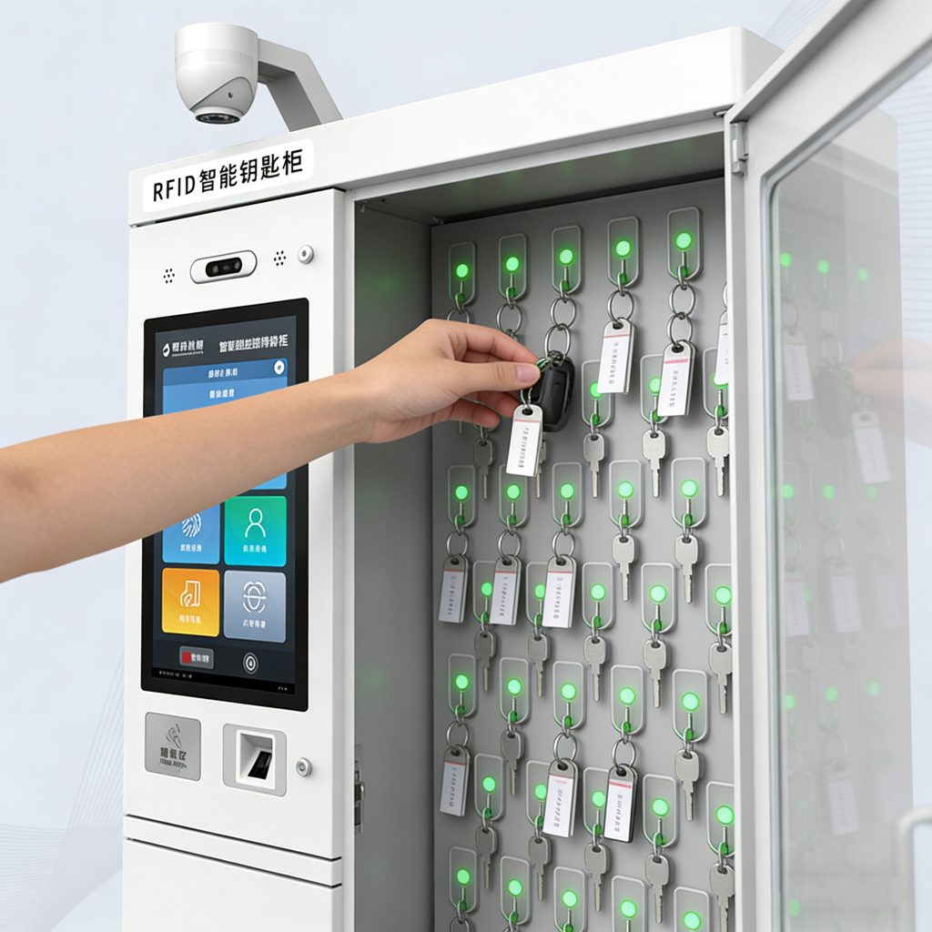 Close-up view of an RFID key cabinet showing keys with RFID tags on hooks, illustrating organization and traceability